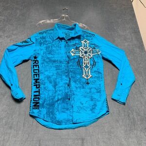 Y2K Raw State Redemption Shirt Mens Large Blue Cotton Cross Button Up